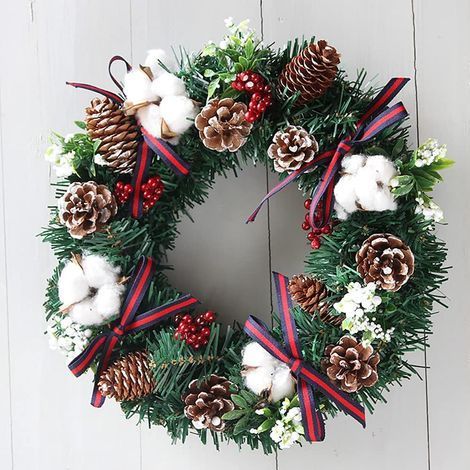 Künstlicher Kiefern-Weihnachtskranz, 30 cm, Wand- und Türdekoration mit Tannenzapfen und roten Beeren, herbstlicher Thanksgiving-Stil (1/5)