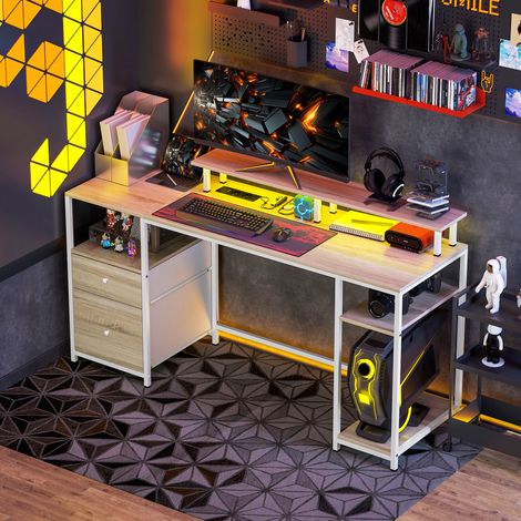 Mesa de Escritorio con Luces LED Cajones Tomas de Corriente Puertos USB y Soporte para Monitor 155,5x48x88,5 cm Natural (1/5)