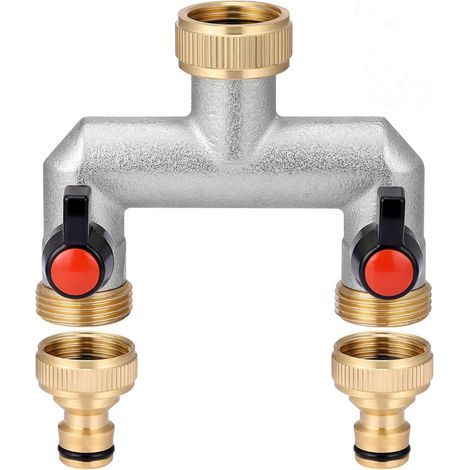 Robinet Double Sortie 2 Voies en Laiton. pour 2 Appareils/Tuyaux D'arrosage. Distributeur d'eau 2 Voies 3/4" avec Robinet à Bille pour Régler et Couper Le Débit d'eau (1/5)