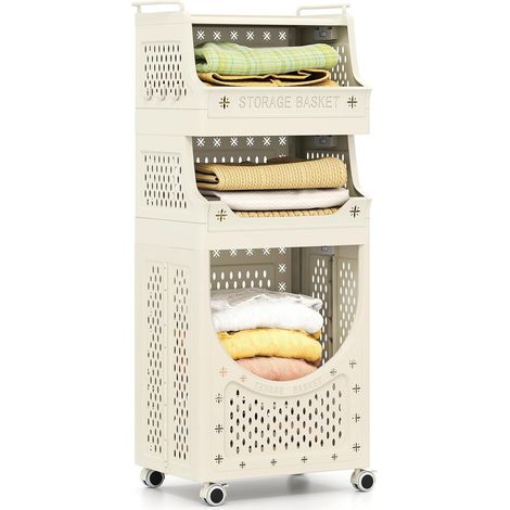 COSTWAY Carrello Lavanderia a 4 Livelli, Cesta Pieghevole con Ruote Bloccabili, 2 Cestini, 6 Ganci Appendiabiti, Carrello Salvaspazio con Ruote per Lavanderia e Bagno (40 x 30 x 100 cm) (1/5)