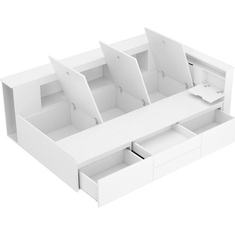 Lit enfant 90x200, simple multifonction avec tiroirs, bibliothèque et armoire, coffre avec rangement, sans matelas, blanc (1/5)