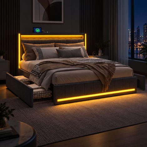 Lit double 140x200 avec 4 Tiroirs, lit adulte avec sommier, avec Tête de Lit Rembourrée, bandes lumineuses LED en tête et pied de lit, lin gris