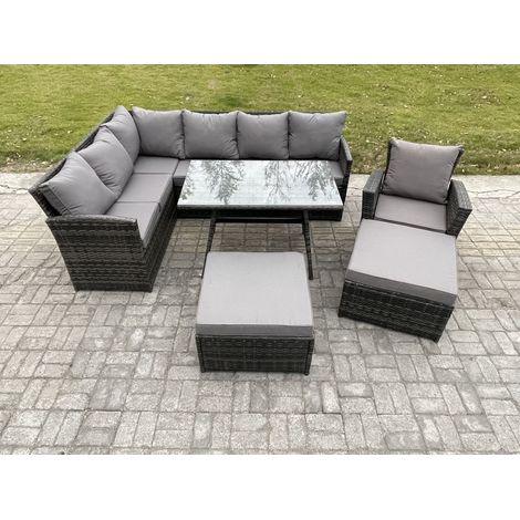 Fimous Rattan Garden Furniture Corner Sofa Set with Oblong Dining Table 2 Big Footstool Armchair Outdoor Wicker Rattan Set Dark Grey Mixed