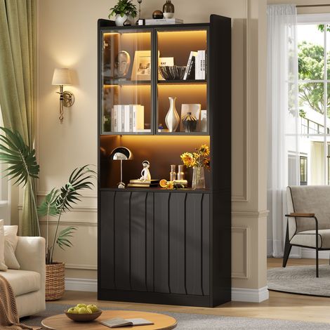 Vitrine Haute avec 4 Portes, 5 Compartiments, Étagères Réglables et LED Bluetooth, pour Salon, Noir, 80×35×200 cm (1/5)