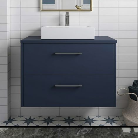 Hudson Reed Juno Wall Hung 2-Drawer Vanity with Worktop 800mm Wide - Midnight Blue (1/4)