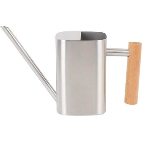 Arrosoir en acier inoxydable avec long bec et manche en bois pour plantes d'intérieur, bonsaïs et fleurs de jardin, avec décoration carrée argentée, 500 ml. (1/5)