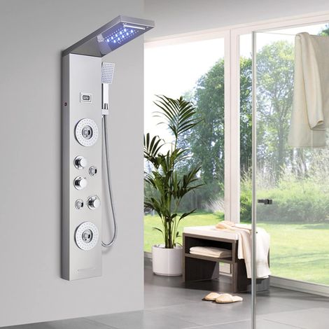 Shower Panel Tower System Stainless Steel Brushed Nickel Multi-Function Shower Panel with Rainfall Waterfall Shower Massage Jets Tub Spout for Bathroom Wall Mounted (1/5)