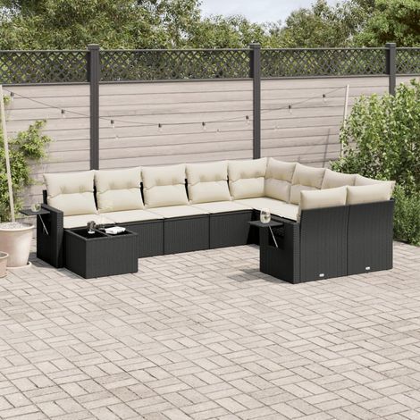 Salon de jardin modulable 10 pièces noir en résine tressée avec coussins crème et table en verre trempé pour extérieur (1/5)