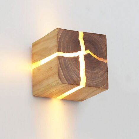 Applique murale carrée en bois, applique murale moderne en bois fissuré, applique murale câblée pour couloir, allée, luminaire créatif de décoration intérieure pour chalet, couloir, porche, es (1/5)