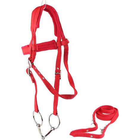 Bride réglable pour cheval avec harnais et têtière rembourrée rouge (1/5)