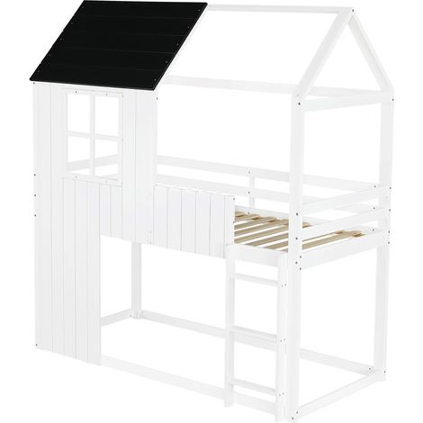 Cama alta infantil con forma de casa 90x200 cm en pino y MDF blanco y negro (1/5)