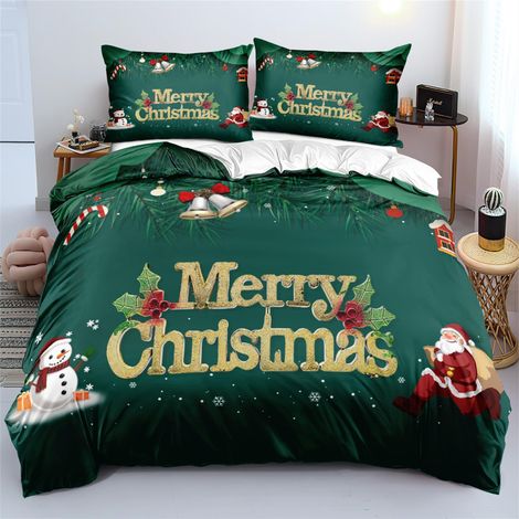 Parure de lit 2 pièces en microfibre super douce avec housse de couette de 135 x 200 cm et taie d'oreiller de 80 x 80 cm - Vert foncé et rouge - Motif rennes et flocons de neige (1/5)