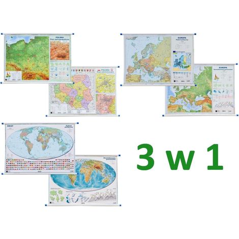 Polonia, Europa, el mundo. Conjunto: 3 mapas murales de doble cara. Político/físico. Mapa artístico. (1/5)
