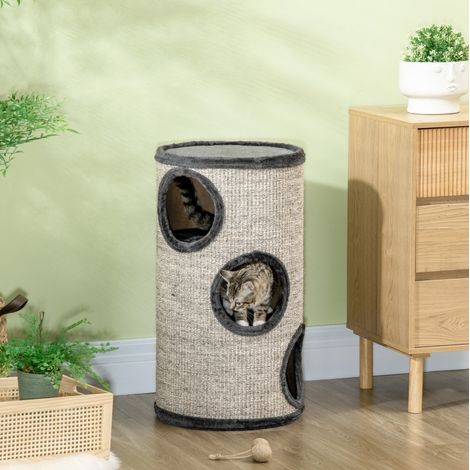 Tour à griffer pour chat 3 niveaux, Ø38 x 70 cm, en sisal et peluche gris HAVRYA (1/5)