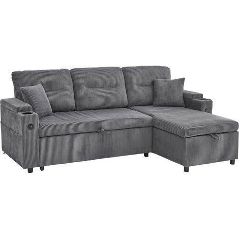 Sofá Cama de 3 Plazas con Almacenaje, Puertos USB-C y Chaise Longue Hidráulica, Terciopelo Acanalado Gris Carbón (1/5)