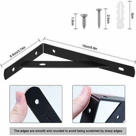 Lot de 4 supports d'étagère murale - Supports métalliques robustes avec vis incluses - Noir - Dimensions : 150 x 95 x 15 mm (1/4)