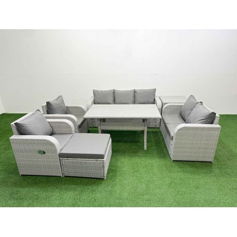 Fimous PE Rattan Garden Furniture Set Reclining Chair Sofa Double Love Seat 2 Seater Sofa Lounge Set Rectangular Dining Table Big Footstool Side Table Light Grey (1/4)