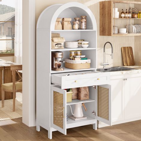 REDOM Vitrinenschrank 70x40x170 cm, gewölbtes Oberteil, Rattantüren, Schublade, MDF und Spanplatte, Weiß Holzoptik (1/5)
