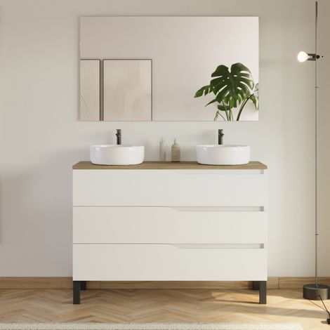Meuble de salle de bain 120cm avec plateau miel et 2 vasques à poser Ares - 3 tiroirs - blanc - MATA (1/4)