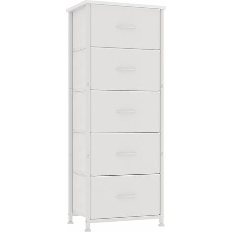 Commode, Meuble de Rangement pour Chambre, Colonne de Rangement en Tissu avec 5 Tiroirs, Cadre en Métal, Plateau Bois, Blanc (1/5)