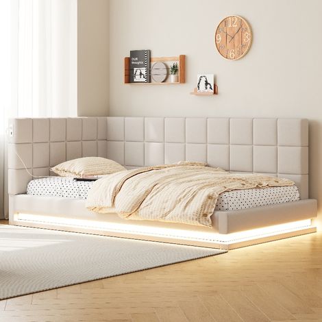 Schlafsofa 90x200 Polsterbett mit LED-Beleuchtung und USB-Steckdose, Multifunktionsbett aus Leinenstoff inklusive Lattenrost, Beige (1/5)