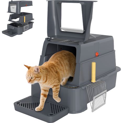 PawHut arenero para gatos de acero inoxidable XL, con tapa abatible 180°, laterales altos, pedal, pala, fácil de limpiar, antifugas, gris oscuro