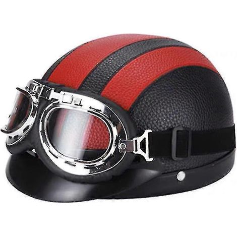 Casque demi-jet rétro en cuir pour moto avec lunettes rouges (1/2)