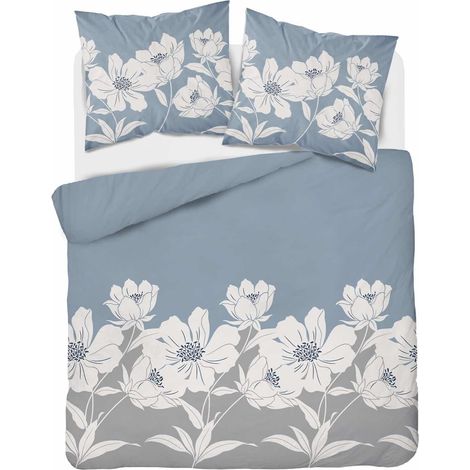Parure de lit en flanelle 220x200 Fleurs Bleu Cendre (1/3)