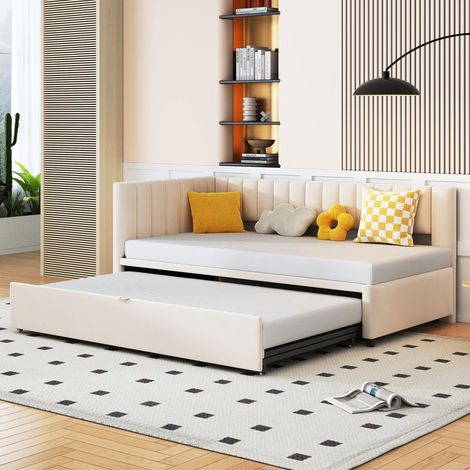 Canapé-lit d’angle 90 x 200cm en velours beige, lit banquette extensible multifonction (1/5)