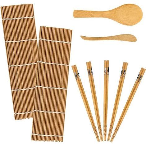 Kit de fabrication de sushis en bambou avec 2 tapis de roulage, 5 paires de baguettes, 1 spatule à riz et 1 épandeur à riz - Idéal pour les débutants (1/5)