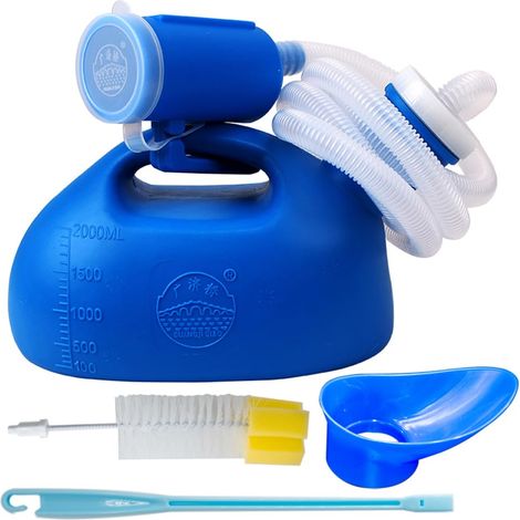 2000 ml Unisex Urinal with Screw Cap and Tube, Men's Urinal Bottle, Waterproof Urinal Bottle with Brush for Cars, Camping, Blue (1/5)