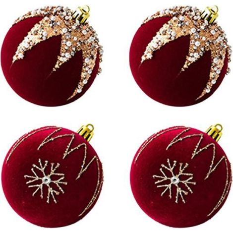 Boule De Noël - Rouge Floqué - Diamètre 8 Cm - En Plastique Incassable - Pour Arbre De Noël, Cheminée, Fenêtre, Bureau - Lot De 4 (1/5)