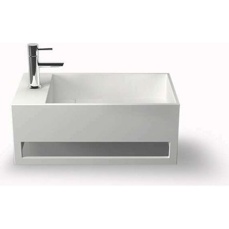 Lave-mains suspendu blanc 50 cm – Vasque rectangulaire en Solid Surface – Fixation murale avec porte-serviette intégré – Finition mate – Ambra (1/4)