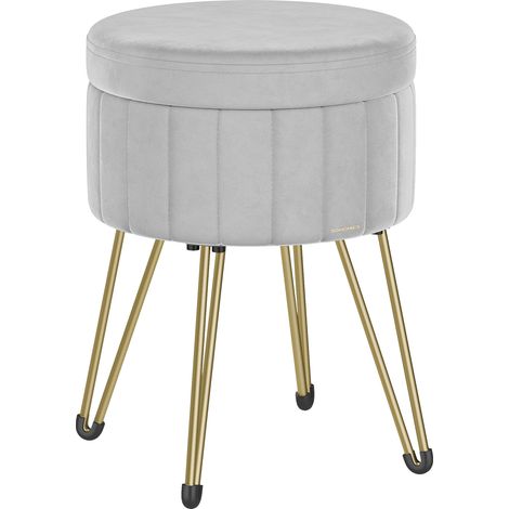 Songmics – Tabouret rond en velours gris tourterelle – Siège coiffeuse avec rangement 9,4L – 4 pieds en métal – Confort mousse haute densité 40mm