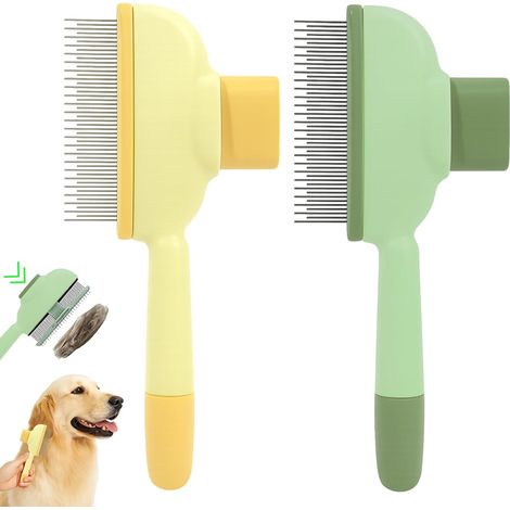 lot 2 brosses auto-nettoyantes chien/chat, bouton déclenchement, sous-poil/puces, poils courts/longs (1/4)