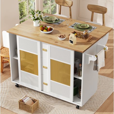 Isola cucina 146,9/70/90 cm bianca con piano ribaltabile e ruote girevoli (1/5)