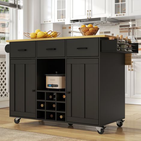 Carrello da Cucina con 3 Cassetti, 2 Ante, Piano Pieghevole, Portasciugamani e Portaspezie, in MDF, 104x39,5x91,5 cm, Nero