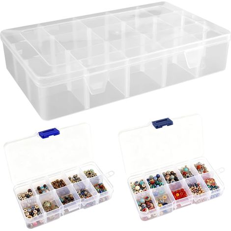 Set di 3 scatole portaoggetti in plastica con scomparti, disposizione degli scomparti regolabile (10/15 scomparti), scatola portaoggetti trasparente con scomparti, per gioielli, orecchini, viti, minut (1/5)