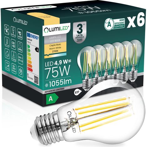 6 lampadine LED E27 A60 4,9 W 1055 lm = 75 W 2700 K Luce calda Filamento 360° LUMILED CLASSE A