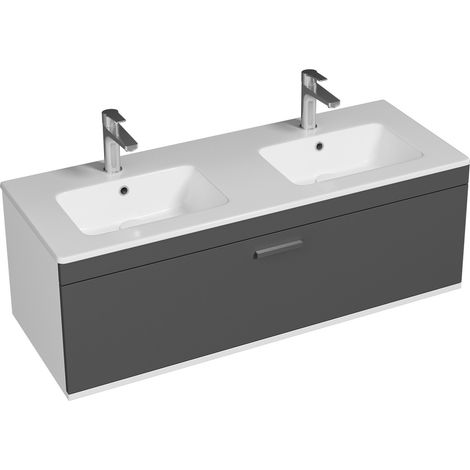 Saniverre – Meuble salle de bain double vasque 1 tiroir gris anthracite 120 cm – Vasque en céramique brillante – Tiroir coulissant soft-close (1/4)