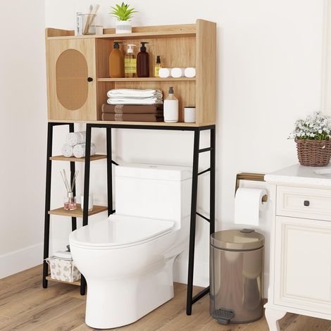 Costway – Meuble de rangement au-dessus des toilettes – 89 x 29 x 139 cm – Porte en rotin PE – Étagères réglables – Pour salle de bain et buanderie