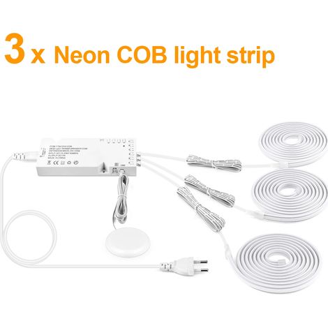 (3 bandes, lumière naturelle, 1 m) Bande lumineuse LED COB néon avec variateur tactile manuel qui peut pénétrer le bois. (1/4)