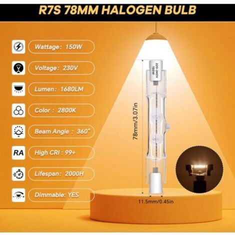 Ampoule Halogène R7S 78MM 150W 230V, Ampoule J78 Dimmable Halogene 2800K Blanc Chaud, Convient Pour les Lampadaires, Les Eclairages Paysagers