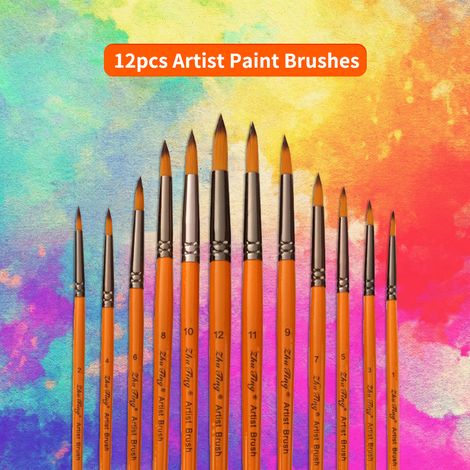 12 pièces ensemble de pinceaux d'artiste professionnel à pointe ronde et pointue manche en bois pinceau à cheveux en nylon pour huile acrylique aquarelle gouache ongles visage dessin peinture fournitu (1/5)