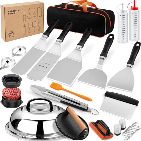 27PCS Spatule Plancha Accessoires pour Hommes, Teppanyaki Grill Set d'ustensiles de Barbecue INOX, Hibachi Smasher Burger Kit Cadeau avec Presse à Hamburger, Cloche Cuisson pour Blackstone (1/5)