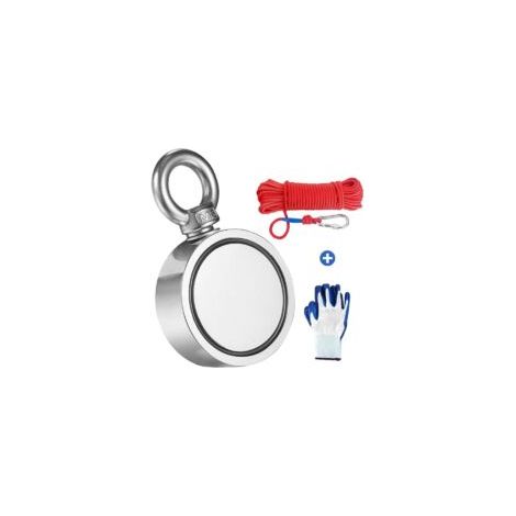 N52 Magnete da pesca al neodimio a doppia faccia, potenti doppi ganci, diametro 60 mm, spessore 25 mm, forza di trazione 300 kg, corda intrecciata da 20 m e un paio di guanti, ideale per la caccia al 