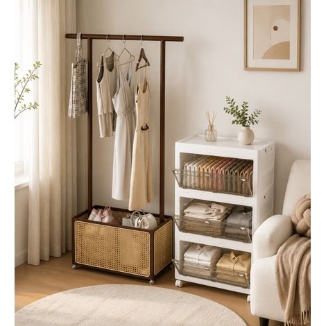 Ensemble de rangement en bambou (2 pièces) – Penderie à roulettes en bambou et bac de rangement pliable de 168 litres (1/5)