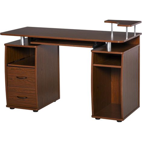 Bureau marron avec étagères et 2 tiroirs, plateau pour clavier et écran, 120x55x85 cm, espace travail complet fonctionnel