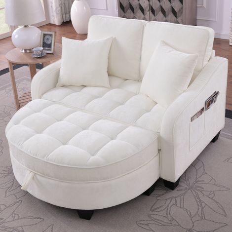 Sofá cama 2 en 1 beige con puf de almacenaje, madera de eucalipto y tela transpirable (1/5)