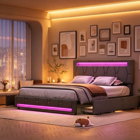 Lit double 160x200 cm – Velours – Lit suspendu – LED réglable – USB/Type-C – Tête de lit convertible – Cadre acier